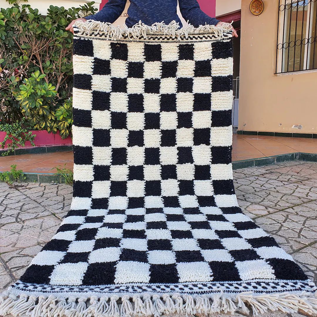 Black checkered moroccan rug Hand Woven Genuine Moroccan checkered carpet Beni Ourain Carpet Soft... | Etsy (US)