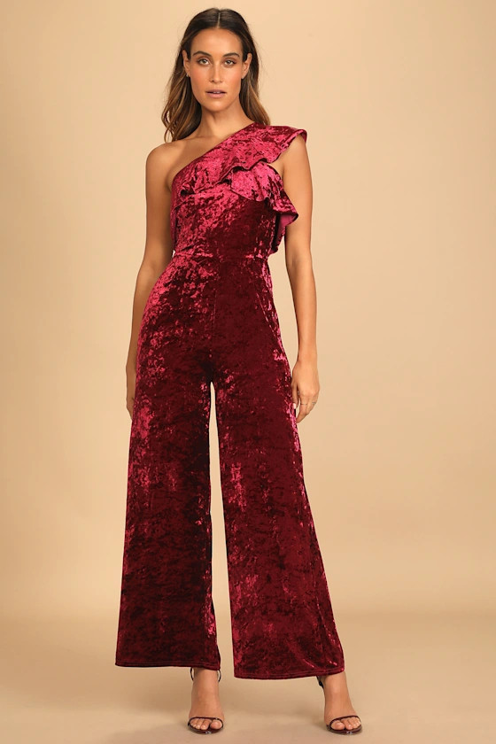 Certified Icon Burgundy Crushed Velvet One-Shoulder Jumpsuit | Lulus (US)
