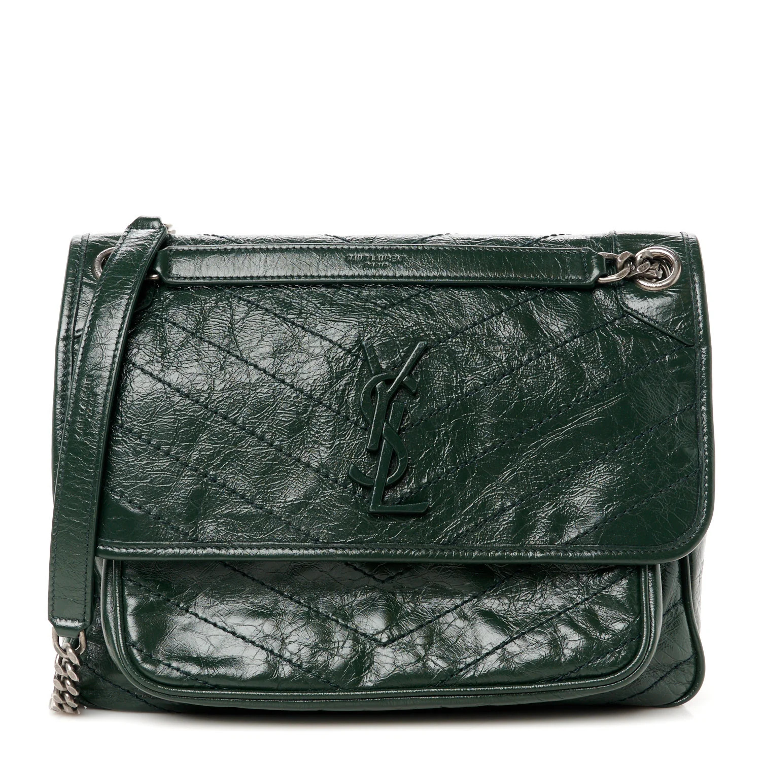 Crinkled Lambskin Matelasse Monogram Medium Niki Chain Satchel Dark Green | FASHIONPHILE (US)