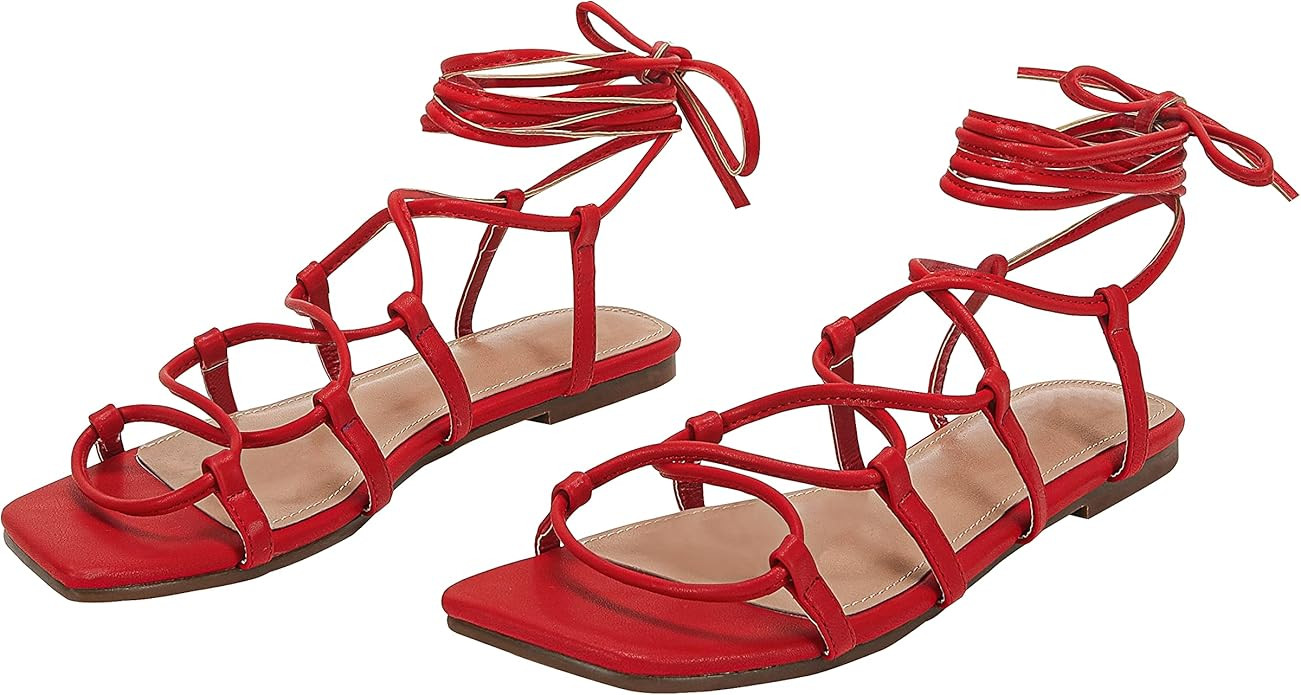 Womens Lace up Square Toes Flat Sandals with Ankle Strap Summer Criss-Cross Gladiator Shoes | Amazon (US)
