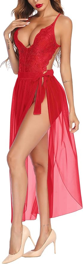 Avidlove Women One Piece Lingerie Deep V Lace Bodysuit Mosaic Lace Teddy Mesh Skirt | Amazon (US)