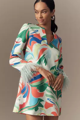 English Factory V-Neck Feather-Cuff Mini Shift Dress | Anthropologie (US)