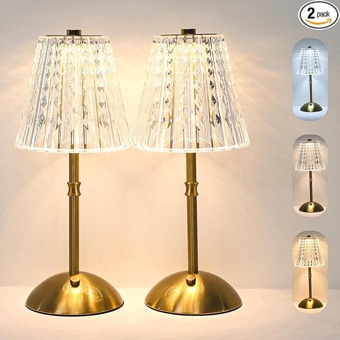 2 Pack Touch Cordless Table Lamp Rechargeable, 3600mAh Battery Operated Small Crystal Lamp, 3 Col... | Amazon (US)