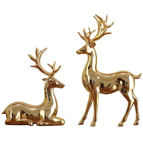 AAHIFIT 2Pcs Elk Deer Statue Reindeer Figurines Resin Sculpture Living Room Home Decoration Nordic Tabletop Ornaments (Gold 2pcs) | Amazon (US)