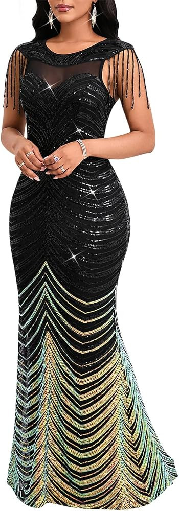 Cololura Dress Sequin Tassel Mesh Threads Patchwork Bodycon Evening Gown | Amazon (US)