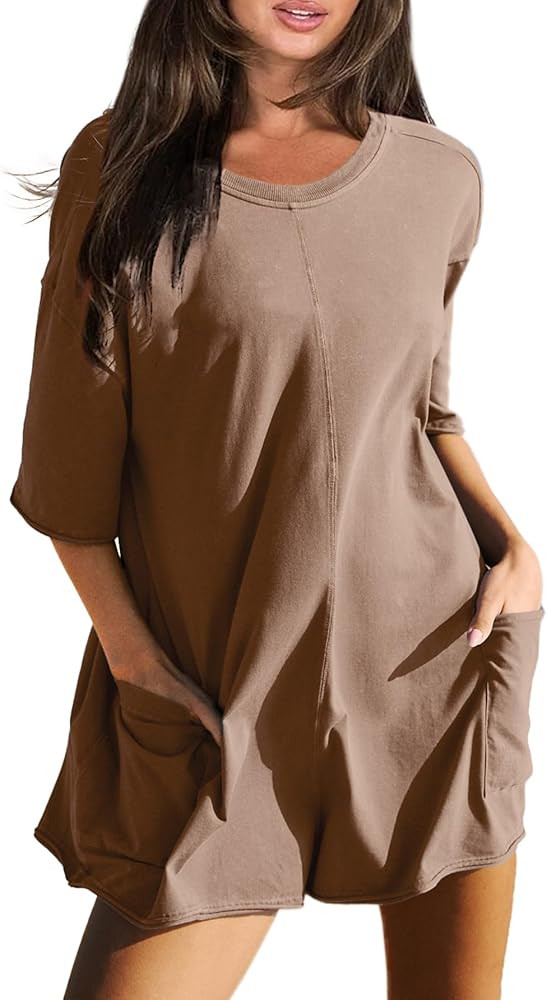 Glamaker Women's Summer Oversized Tee Romper Casual Workout Athletic Romper Onesie Backless Loose... | Amazon (US)