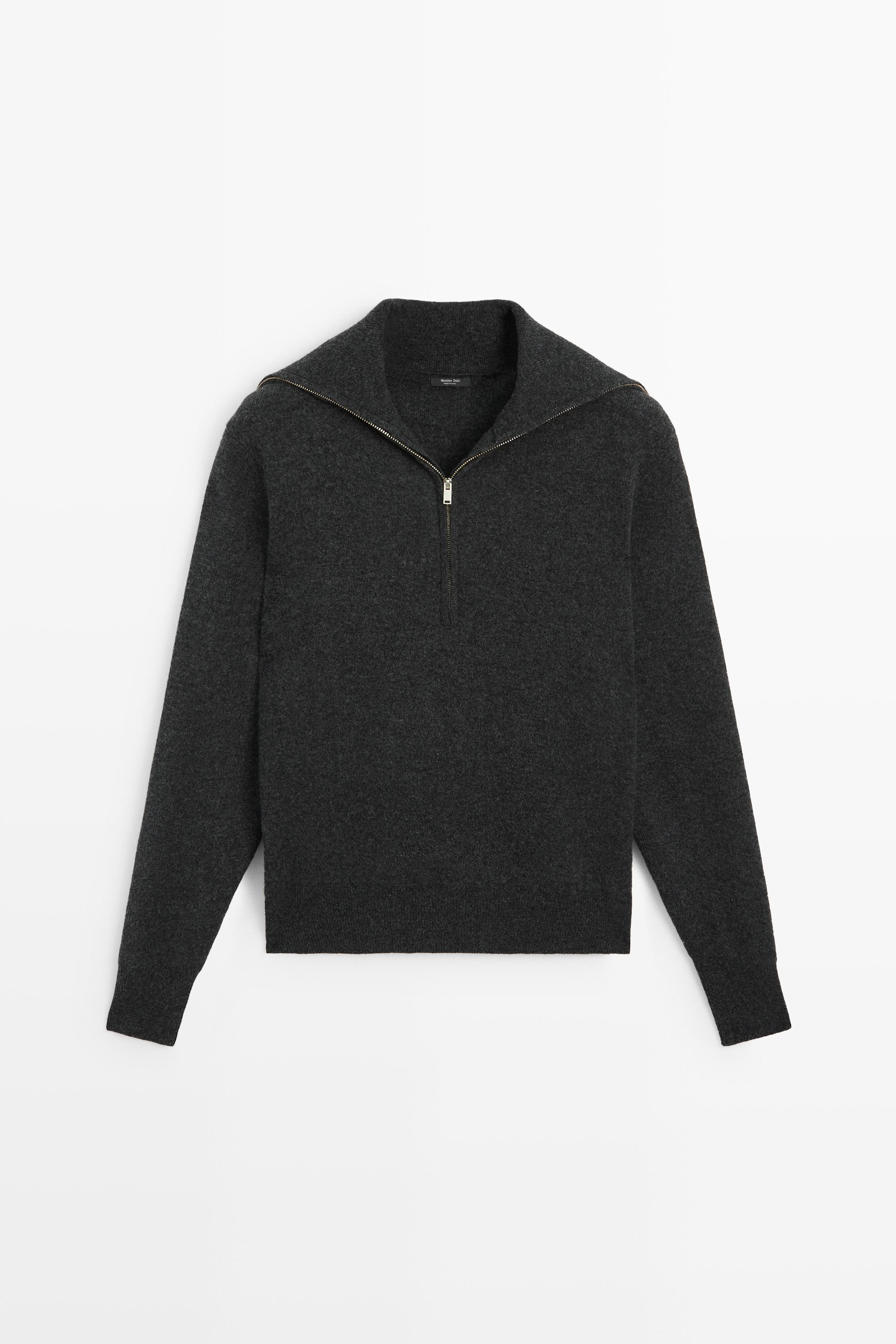 Wide collar zip-up knit sweater | Massimo Dutti US