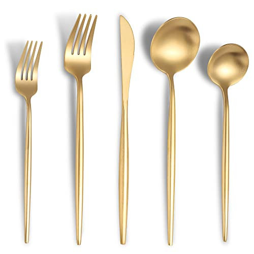 Lemeya Matte Gold Silverware Set for 6,Modern Stainless Steel Brushed Cutlery Set,30-Pieces Heavy Duty Flatware Set,Knives Spoons and Forks Set Utensils Set,Satin Finish,Dishwasher Safe | Amazon (US)