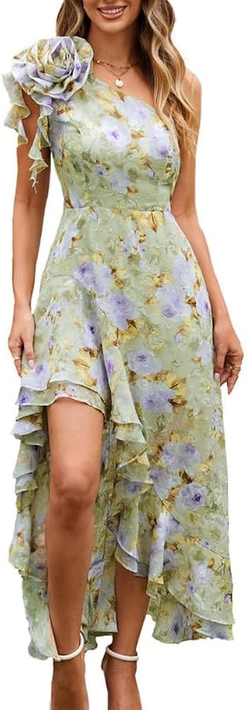 GRACE KARIN Womens Summer One Shoulder Sleeveless Dresses Floral Flowy Ruffle High Low Wedding Gu... | Amazon (US)