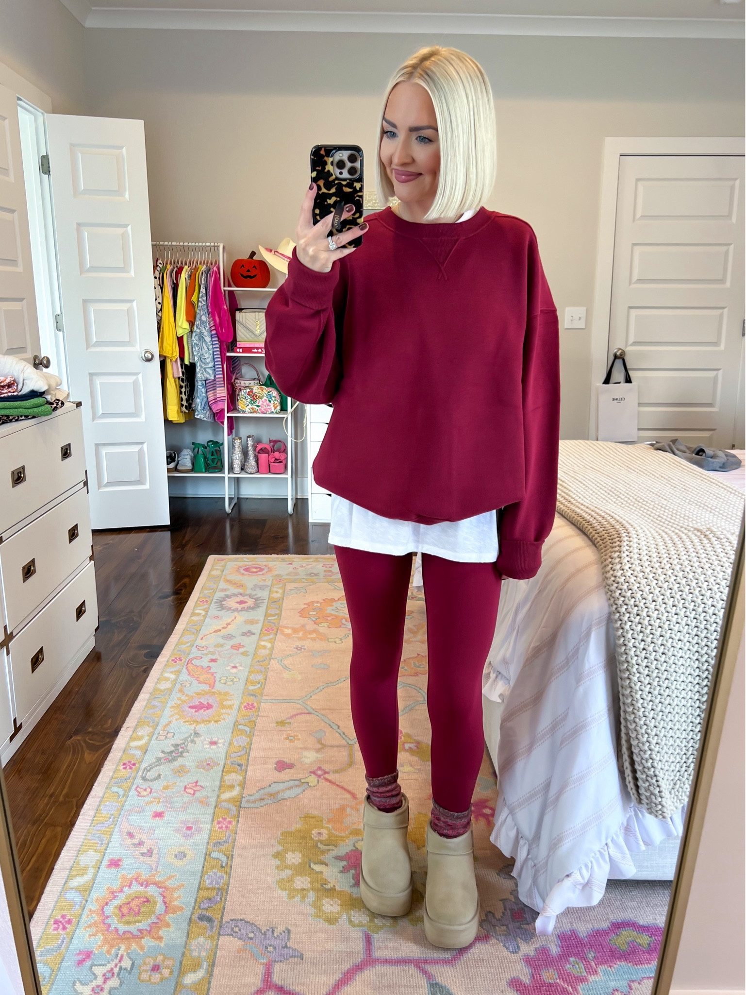 Burgundy Cloud fleece crewneck sweatshirt (XS) / burgundy real me high waisted crossover leggings (SM short) / fall travel outfit 

#LTKFindsUnder50 #LTKSaleAlert