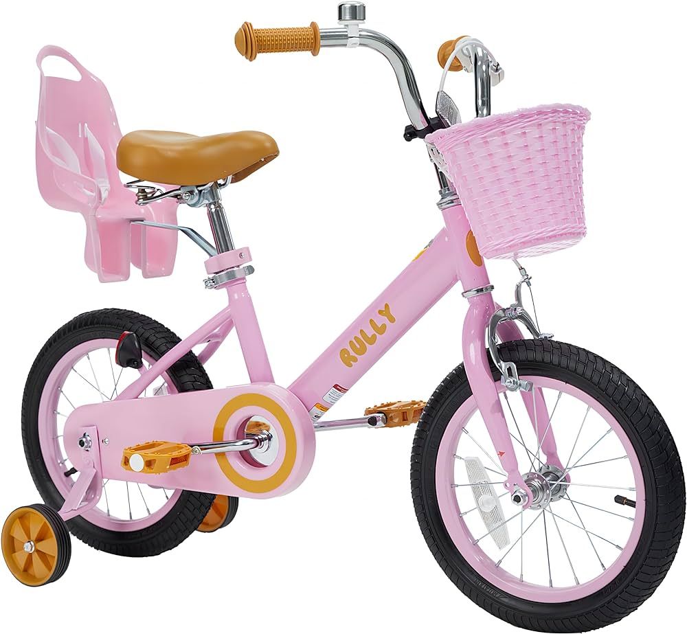 RULLY Retro Kids Bike with Doll Seat, Training Wheels, Basket, Hand Brake & Bike Bell for 2-7 Yea... | Amazon (US)