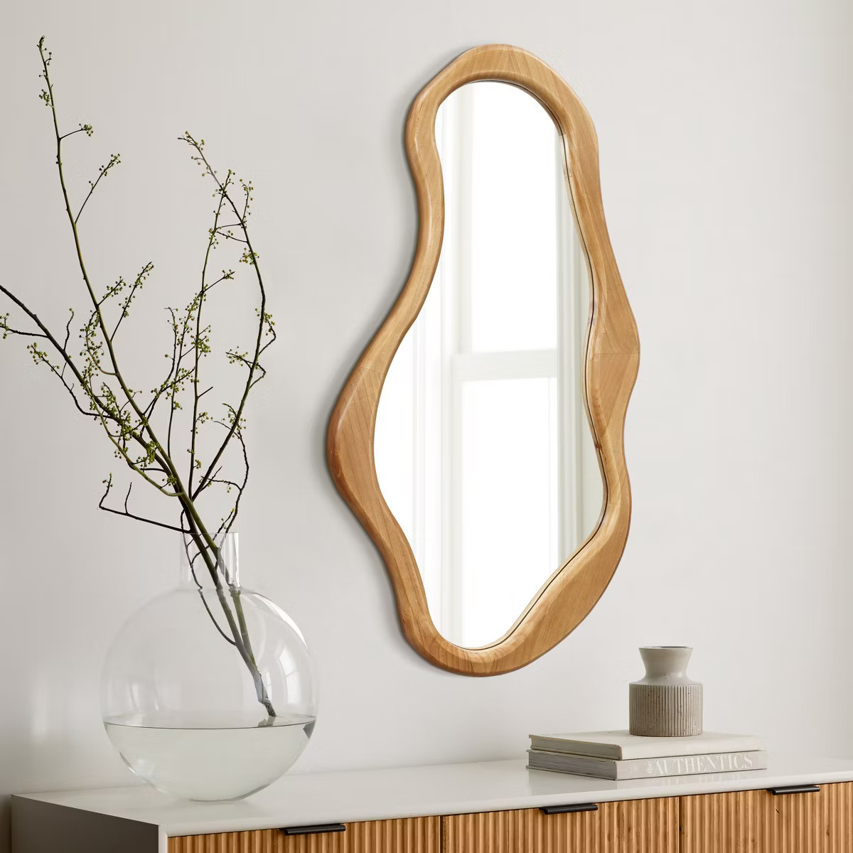 LuxenHome Natural Pine Wood Frame Irregular Oval Wall Mirror Brown | Target