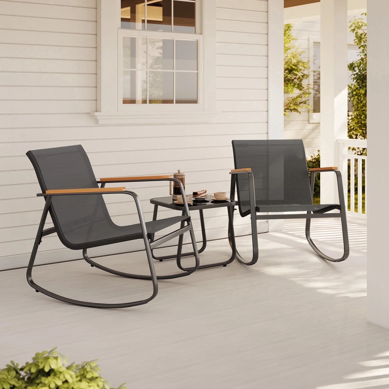 Noelse 3 Piece Outdoor Patio Bistro Set with Rocking Chairs, Weather-Resistant Textilene Conversation Set with Coffee Table for Porch, Balcony, Lawn, Black | Walmart (US)