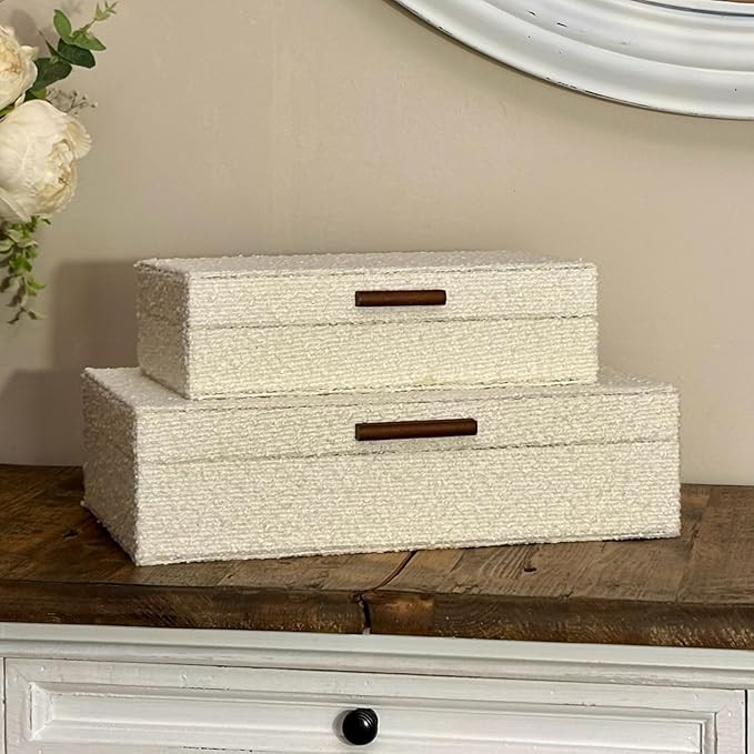 Set of 2 Ivory Bouclé Fabric Decorative Boxes with Wooden Handles, Modern Jewelry Boxes, Storage... | Amazon (US)