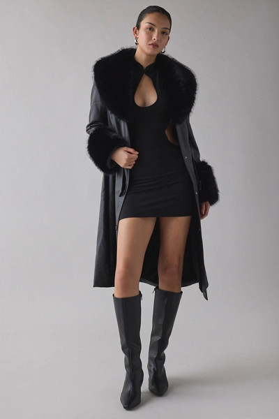 Azalea Wang Kaya Black Faux Fur Trim Faux Leather Trench Coat | Urban Outfitters (US and RoW)