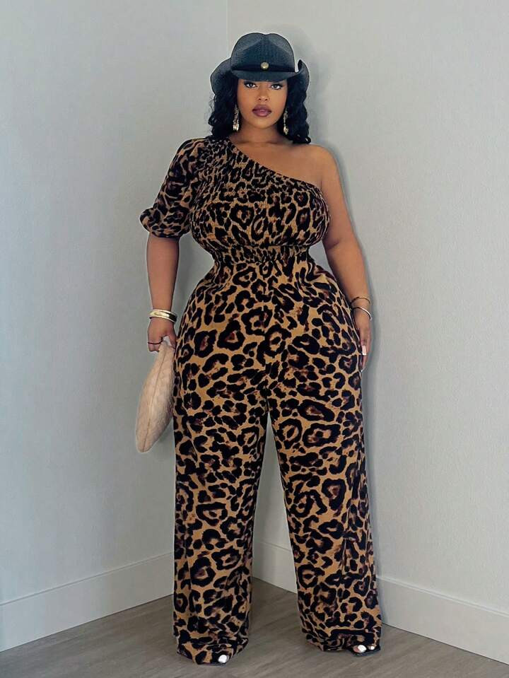 SHEIN Slayr Plus Size Women's Summer Casual Leopard Print One Shoulder Gathered Waist Jumpsuit | SHEIN