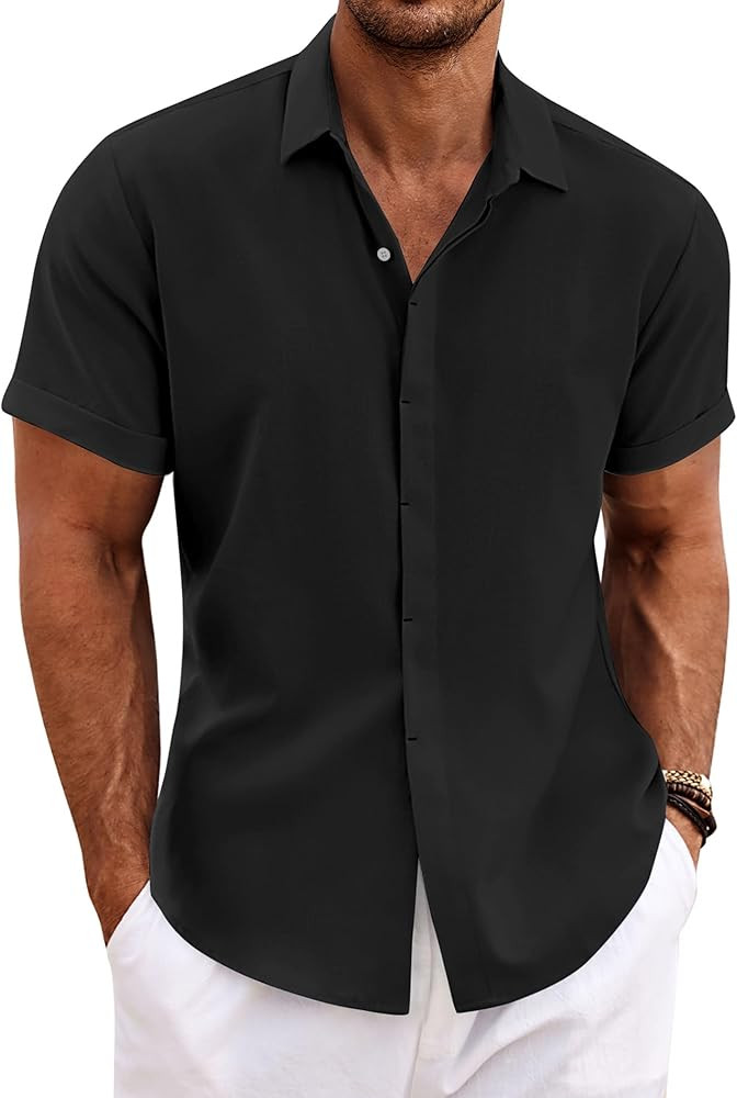COOFANDY Men's Linen Shirts Short Sleeve Casual Shirts Button Down Shirt for Men Beach Summer Wed... | Amazon (US)