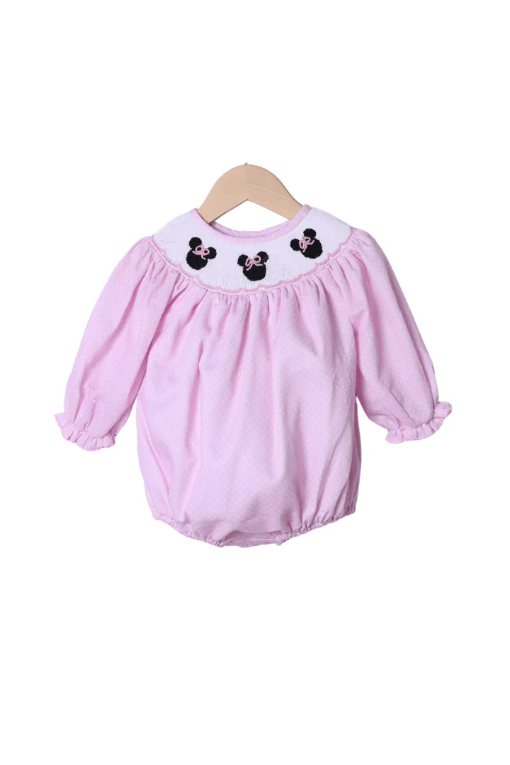 Smocked Pink Bitty Dot Mouse Long Sleeve Bubble | The Smocked Flamingo