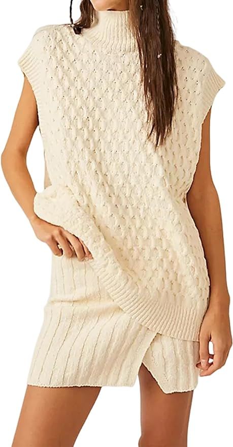 MISSACTIVER Women's Two Piece Outfits Sleeveless Sweater Vest and Mini Skirt Set Mock Neck Knit P... | Amazon (US)