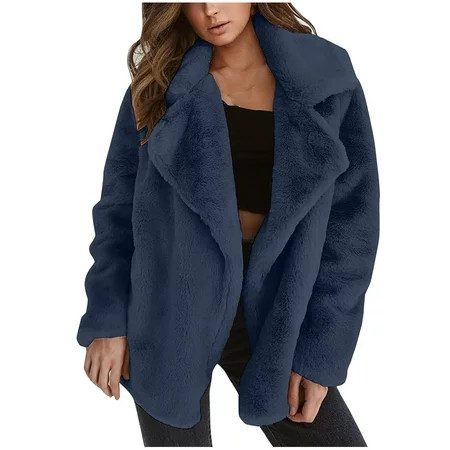 Winter Savings! RQYYD Flannel Coat for Womens Long Sleeve Casual Lapel Fleece Fuzzy Jackets Outwear Open Front Warm Winter Oversized Cardigan (Blue M) | Walmart (US)