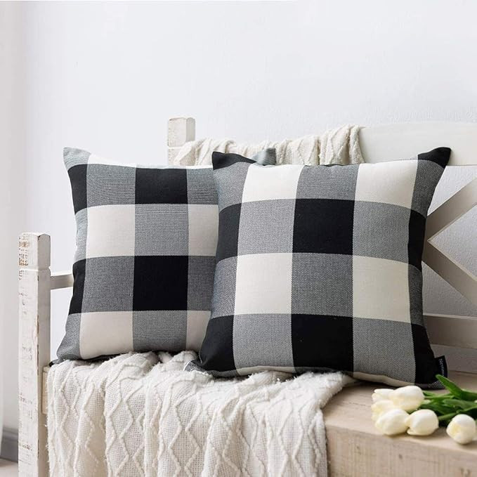 Nestinco Set of 2 Farmhouse Buffalo Check Cotton Linen Pillow Covers Black and White Square Throw... | Amazon (US)