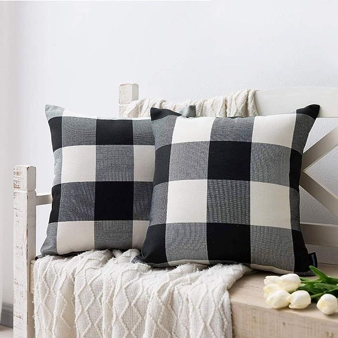 Nestinco Set of 2 Farmhouse Buffalo Check Cotton Linen Pillow Covers Black and White Square Throw... | Amazon (US)