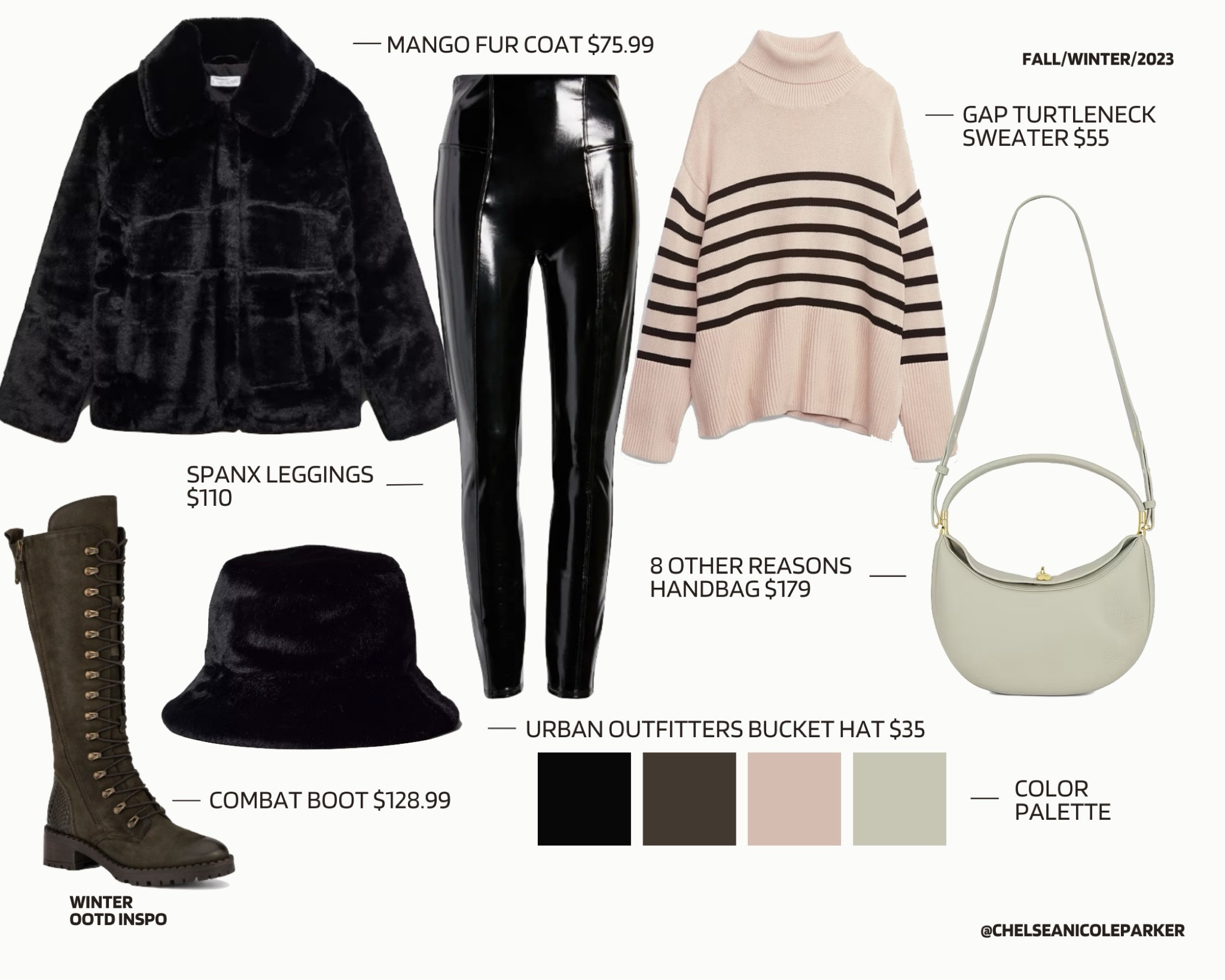 Mango Black Fur Coat + Gap Turtleneck Stripe Sweater + Spanx Faux Leather Leggings + DSW Knee High Combat Boots + Urban Outfitters Fur Bucket Hat ON SALE + 8 Other Reasons Sage Green Handbag - Winter Outfit / Après Ski / Brunch / OOTD Inspo

#LTKfindsunder100 #LTKfindsunder50 #LTKsalealert