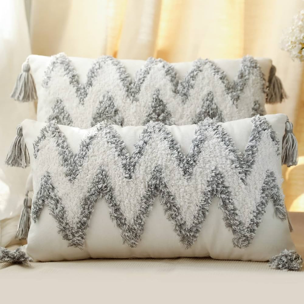 MARSAULE Set of 2 Cotton Woven Boho Throw Pillow Covers, Tufted Decorative Lumbar Pillow Covers w... | Amazon (US)