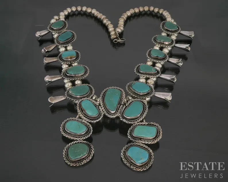 Sterling Natural Turquoise Navajo Squash Blossom Necklace 157g p16579 | Etsy (US)