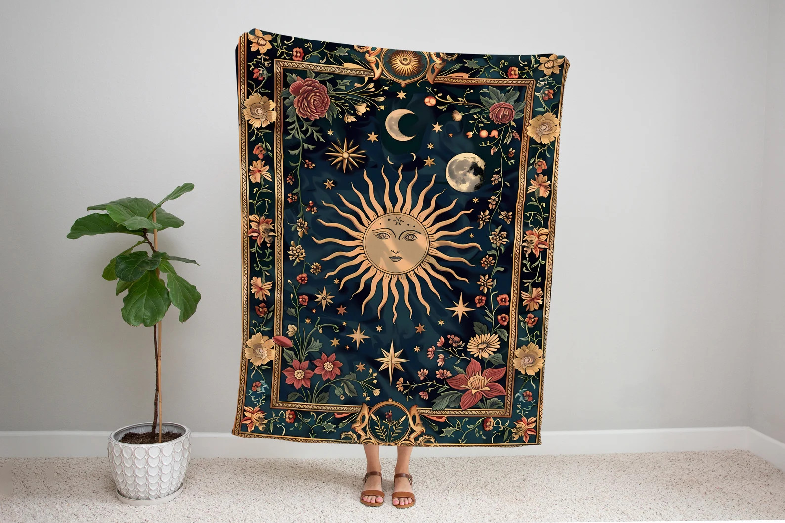 Celestial Sun and Moon Blanket | Whimsical Starry Night Floral Tapestry, Cosmic Decor, Ethereal B... | Etsy (US)