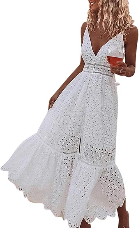 Amazon.com: BerryGo Women's Embroidery Button Down Cotton Dress V Neck Spaghetti Strap Maxi Dress... | Amazon (US)