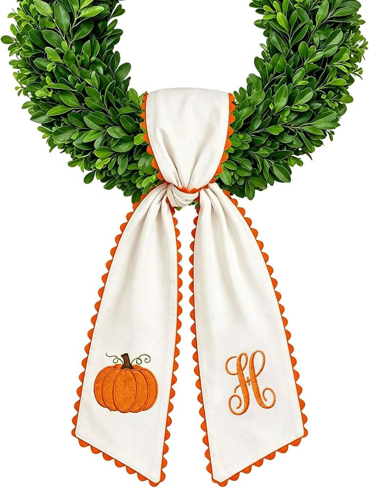 Halloween Pumpkin Wreath Sash Fall Front Door Orange Bow Decor Soft Cotton Feel Fabric Raised Emb... | Amazon (US)