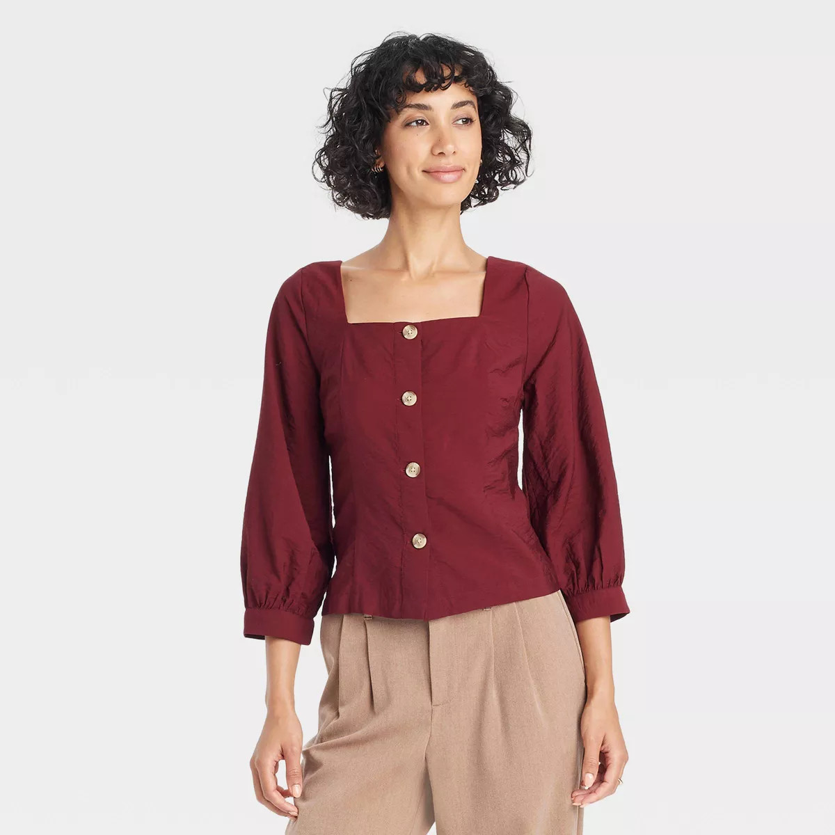 Women's Balloon 3/4 Sleeve Square Neck Blouse - A New Day™ Burgundy M | Target