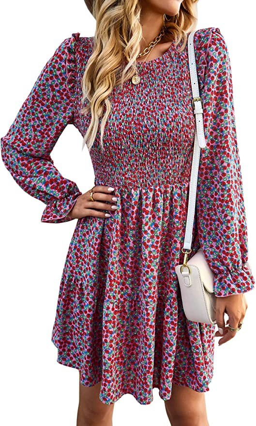 Amazon.com: KIRUNDO 2022 Fall Women's Floral Print Ruffle Long Sleeve Mini Dress Crewneck Smocked... | Amazon (US)
