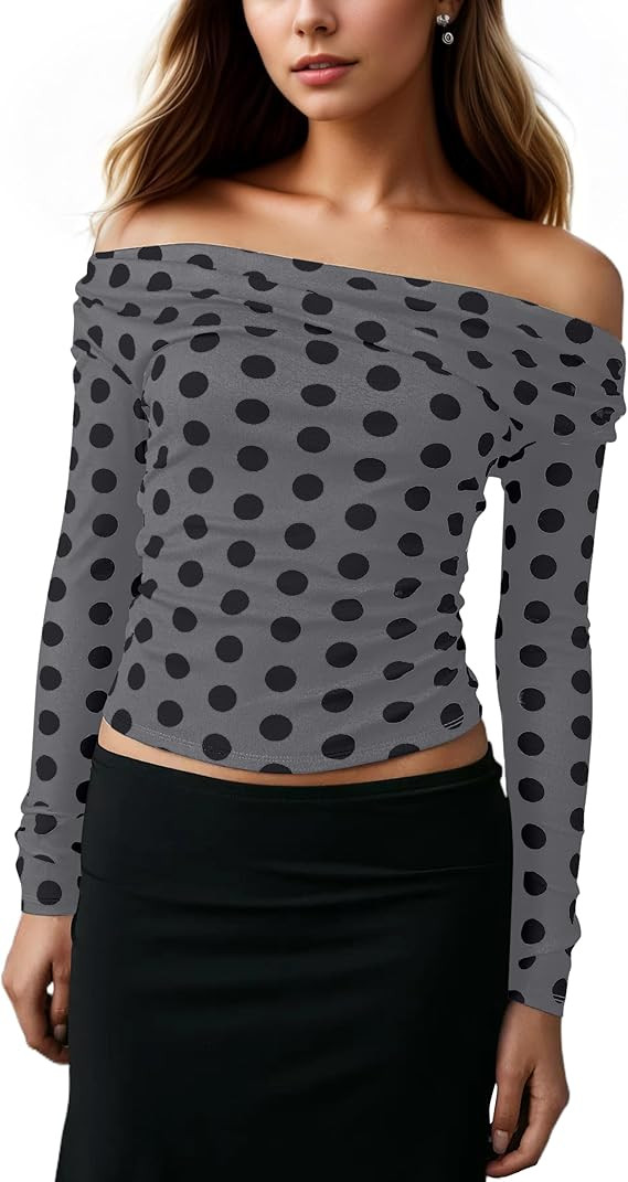 Women Polka Dot Off Shoulder Top Slim Fit Long Sleeve Crop Top Tight Sexy y2k Going Out Shirts Ni... | Amazon (US)
