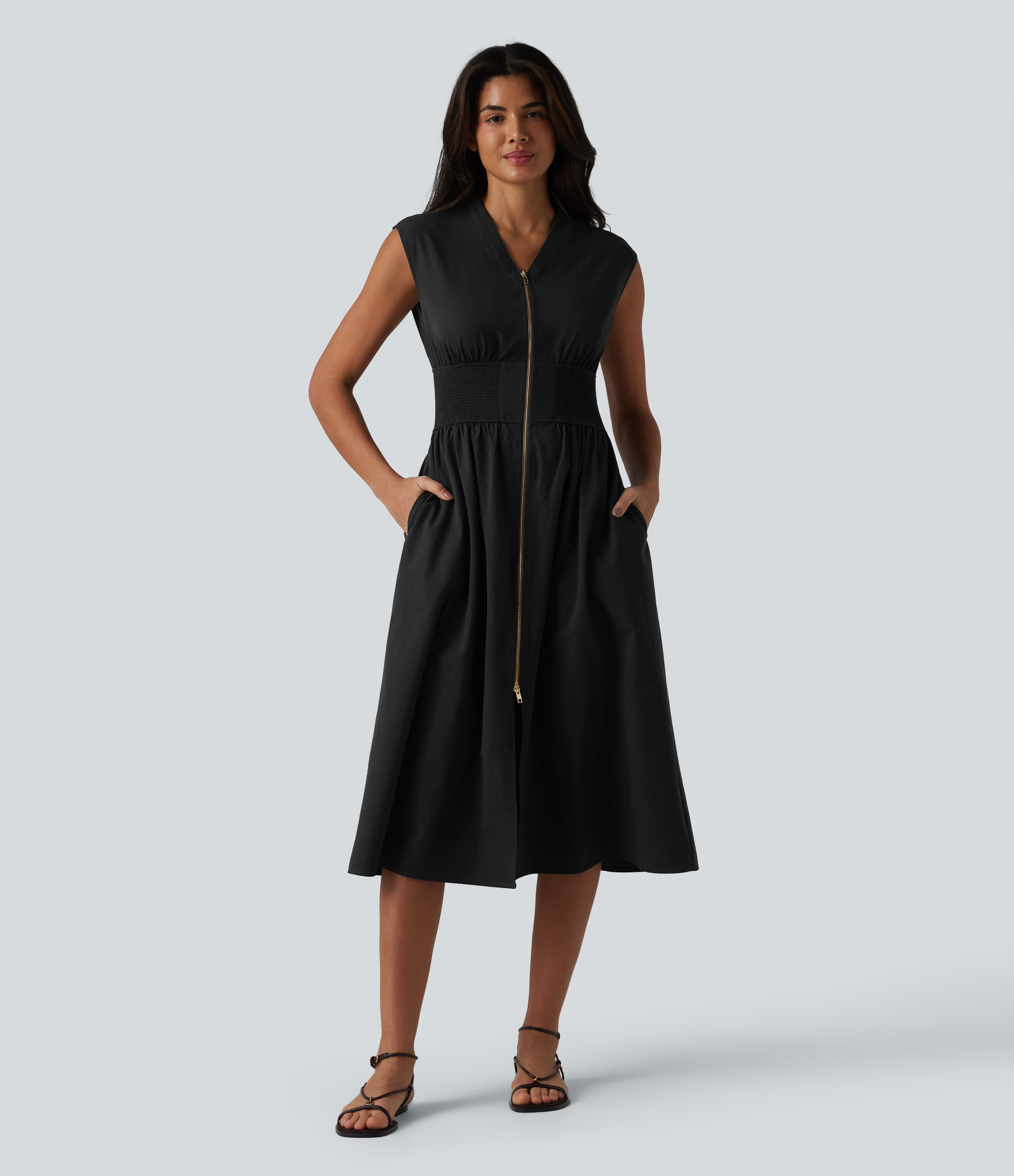 Halara V Neck Sleeveless 2-Way Zipper Midi Work Dress with Pockets Casual Dress - Lone Pine Green - L slip dress beach dress ruched dress | HALARA
