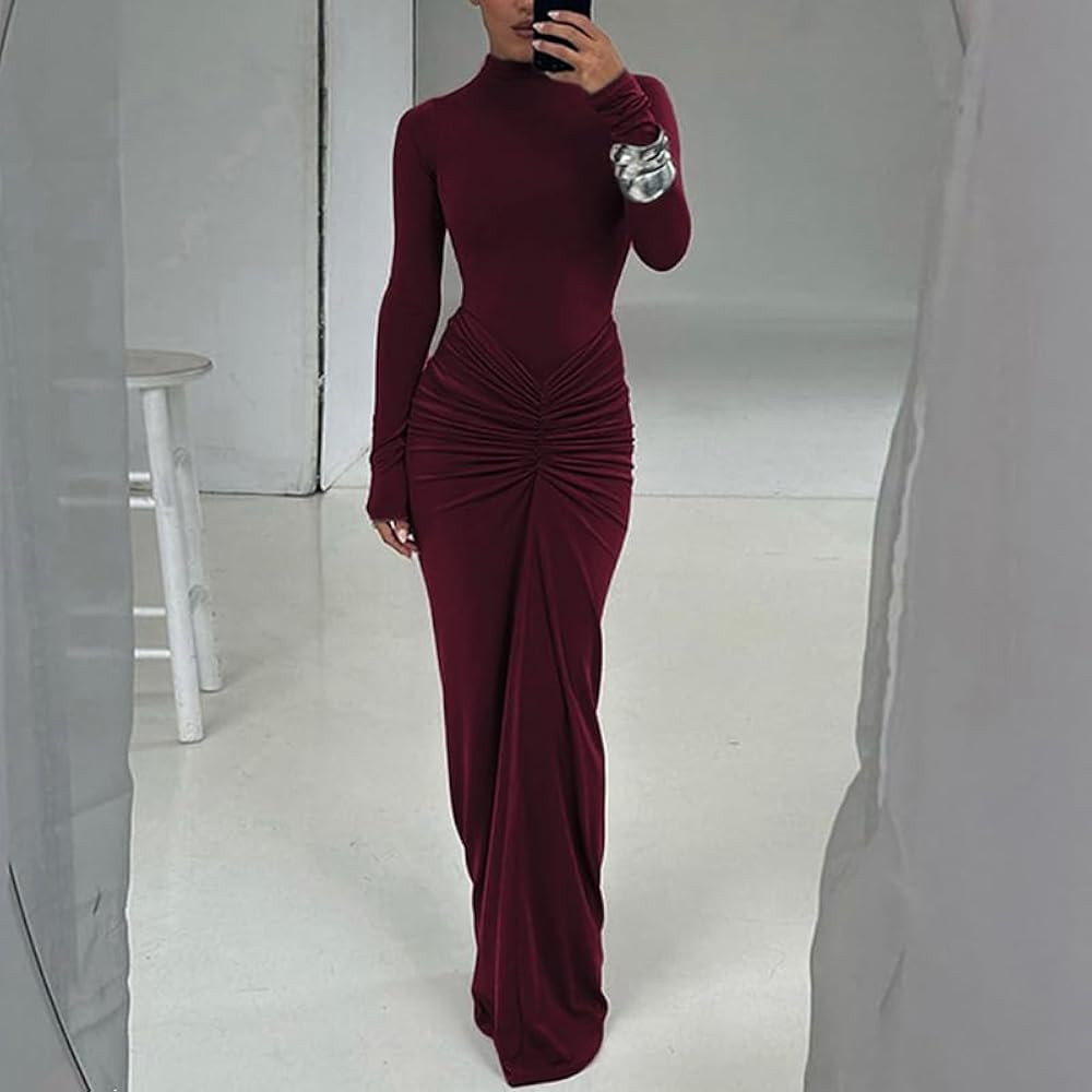 Womens Sexy Dress Maxi Dress Long Sleeve Ruched Bodycon Turtleneck Club Party Dress Long Casual W... | Amazon (US)