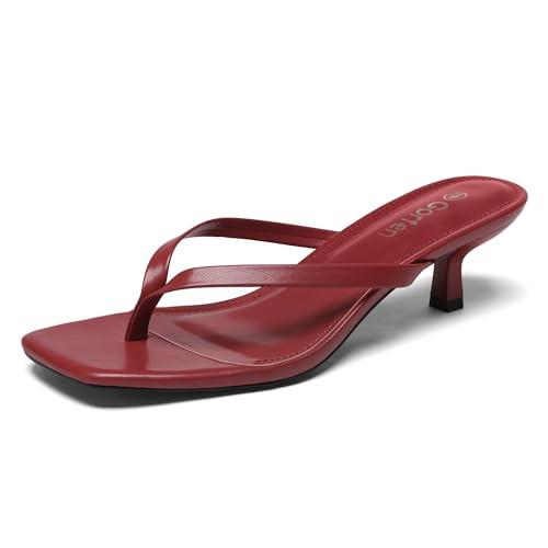 Gorfen Women's Kitten Heel Flip Flop Sandals Square Toe Cushioned Thong Heeled Sandals Red Size 7.5 | Amazon (US)
