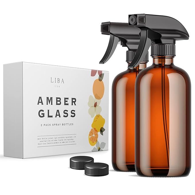 LiBa Amber Glass Spray Bottles 2 Pack, 16 oz Refillable Empty Spray Bottle for Cleaning, Essentia... | Amazon (US)