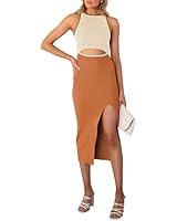 Pink Queen Women's Summer Cutout Midi Dress Crew Neck Sleeveless Tank Slit Ribbed Bodycon Dresses | Amazon (US)