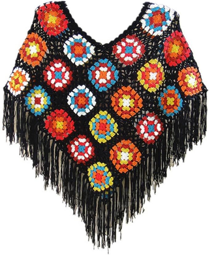 tinacrochetstudio Crochet Fringed Poncho Cape Shawls Wraps Granny Square Womens Coat Sweater | Amazon (US)