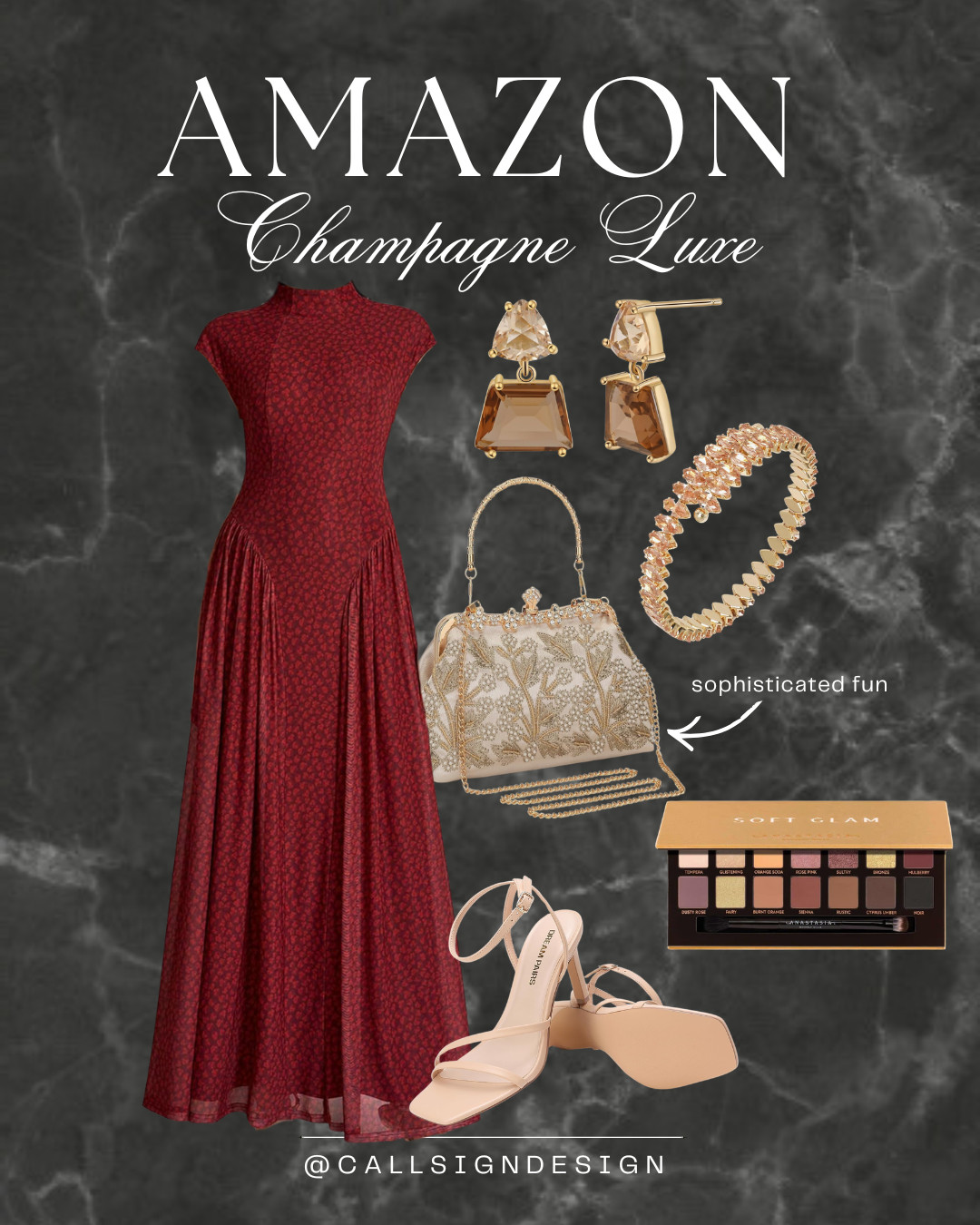 Champagne luxe🍾✨
This deep red cocktail dress adds drama, glowing amber and gold jewelry provides warmth to the look, and soft nude heels are a staple in any wardrobe. Finished with warm, golden toned eyeshadow palette for that lit-from-within look. Make the night indulgent and unforgettable. 

 #LTKgrwm #LTKootd #LTKBeauty