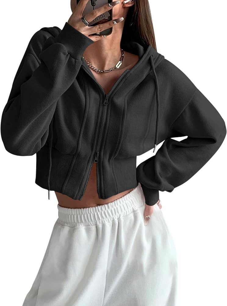 Fisoew Women's Casual Zip Up Crop Hoodies Workout Drawstring Long Sleeve Sweatshirts | Amazon (US)