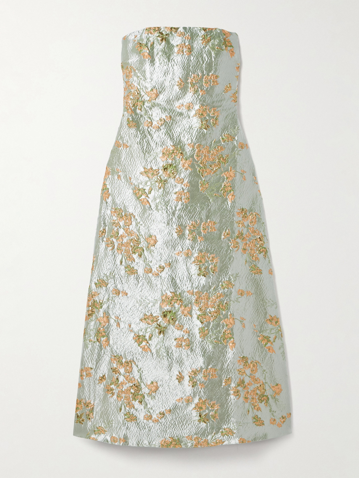 STAUD - Kennedy Strapless Gathered Metallic Brocade Midi Dress - US14 | NET-A-PORTER (US)
