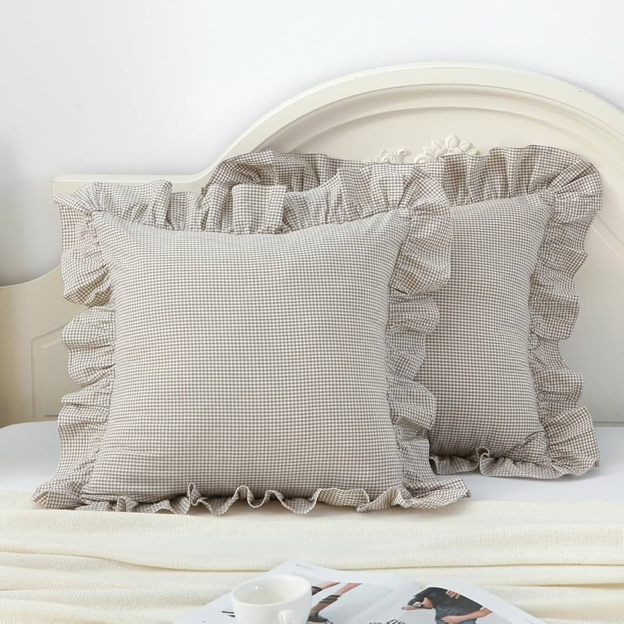 Brown/White Ruffle Plaid Throw Pillow Covers Farmhouse Checkered Gingham Pillowcases 18"x18" Pill... | Amazon (US)