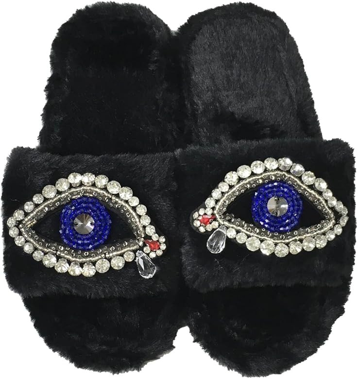 Fashion Culture Women's Beaded Evil Eye & Rhinestone Plush Faux Fur Slide Slippers | Amazon (US)