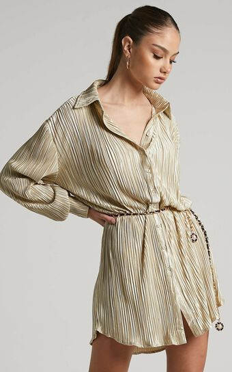 Beca Mini Dress - Crinkle Button Up Shirt Dress in Sand | Showpo (US, UK & Europe)