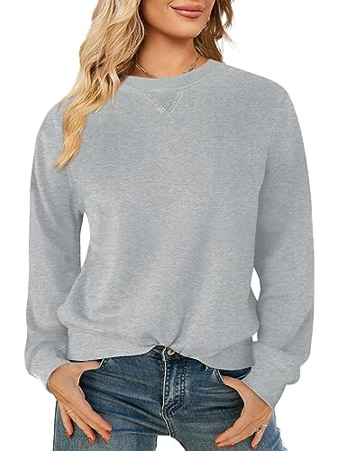 Elesomo Womens Pullover Sweatshirts Round Neck Long Sleeve Casual Hoodie Tops, Grey S | Amazon (US)