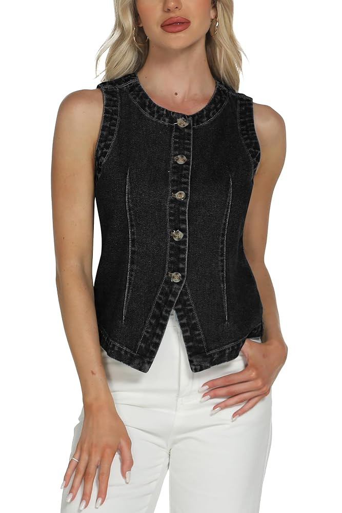 D-Sun Women Denim Vest Sleeveless Crewneck Button Down Jean Waistcoat Casual Front Slit Slim Deni... | Amazon (US)
