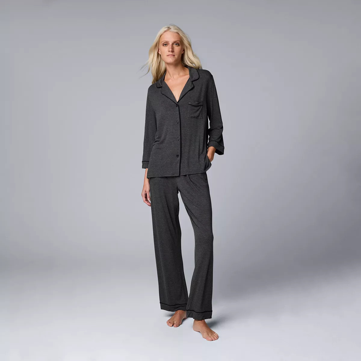 Women's Simply Vera Vera Wang Basic Luxury ¾ Sleeve Pajama Shirt & Pants Sleep Set | Kohl's